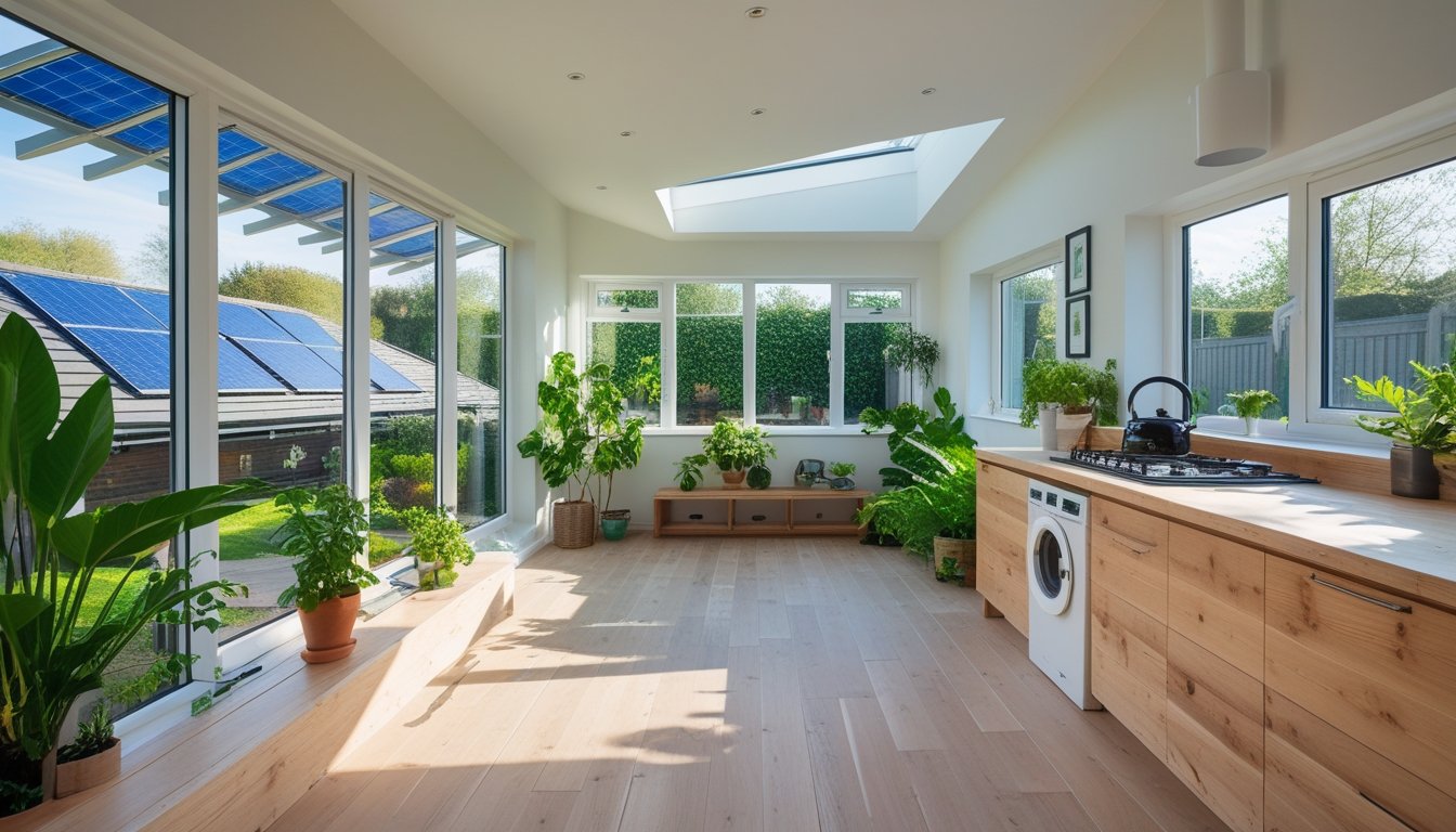 Interior of a modern UK home with large windows, wooden flooring, indoor plants, and energy-efficient kitchen appliances.