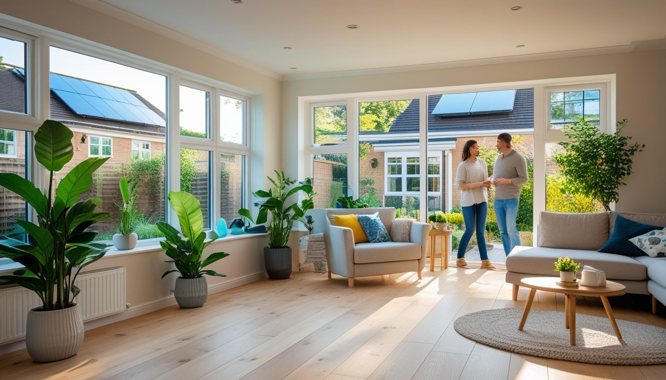 A modern UK home interior with large windows, green plants, a smart thermostat, and solar panels visible outside, showing eco-friendly home comfort features.