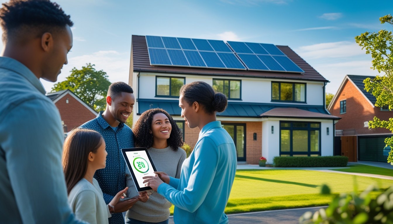 A modern UK home with solar panels and a family using a tablet to monitor energy usage outside in a green suburban area.