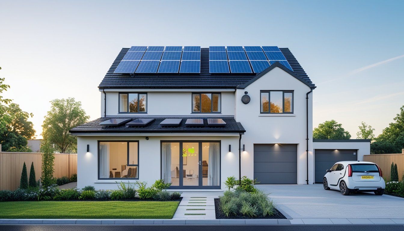A modern UK home with solar panels on the roof, energy-efficient windows, and a small electric vehicle in the driveway surrounded by a garden.