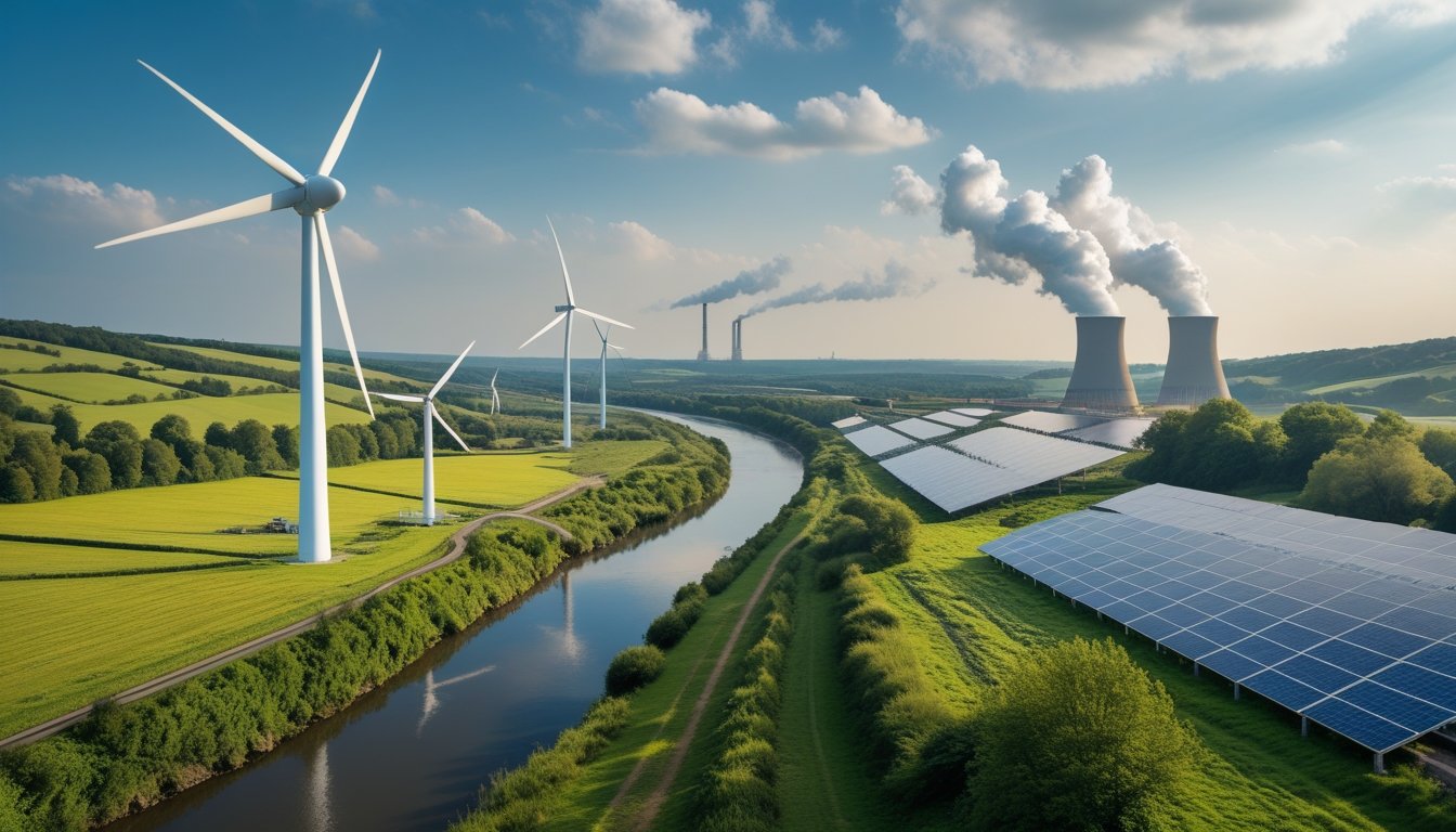 A UK landscape showing wind turbines, solar panels, a coal power plant with smoke, a river, and green hills.