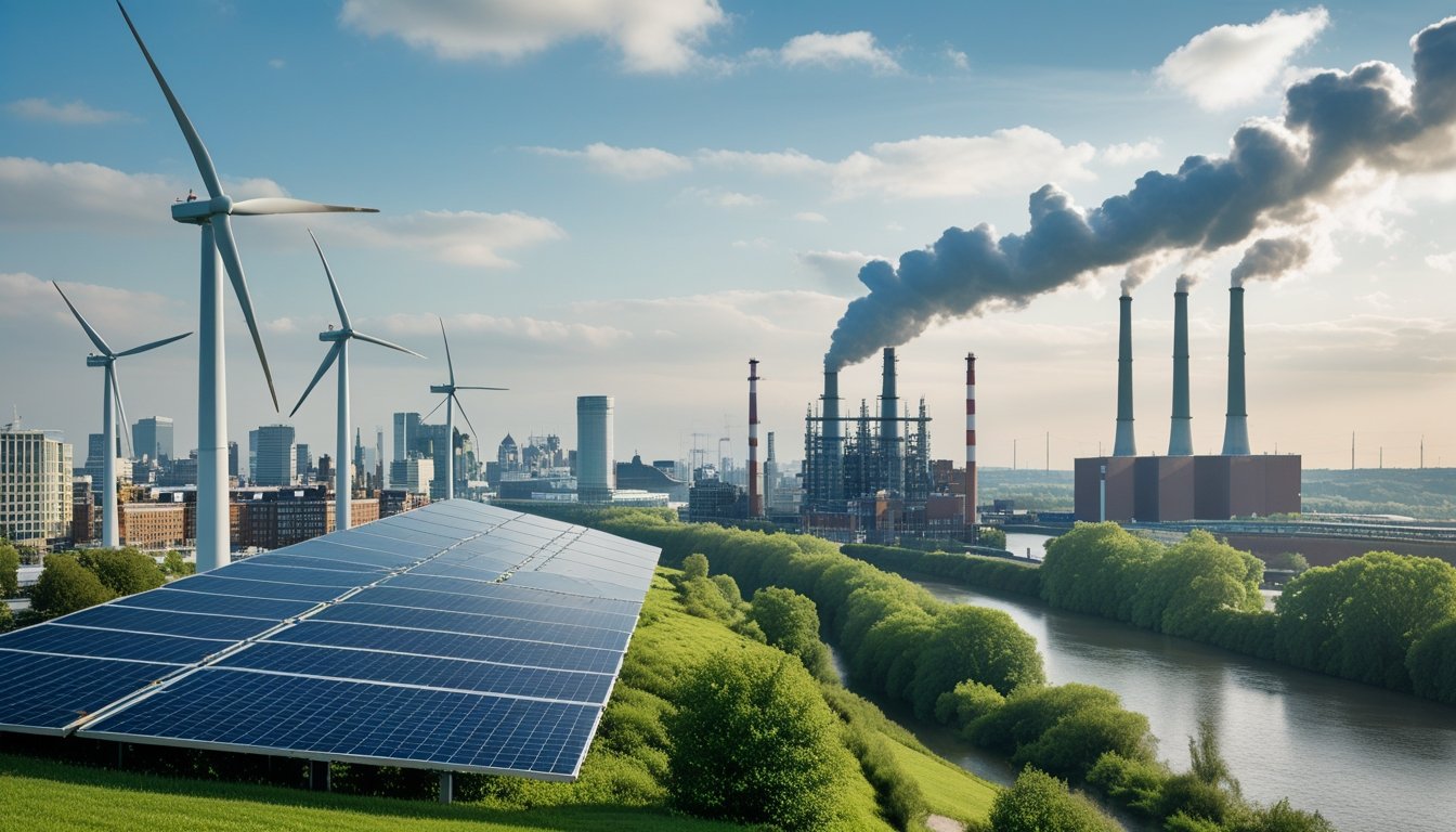 A UK cityscape with wind turbines, solar panels, a power plant emitting smoke, green trees, and a river under a partly cloudy sky.