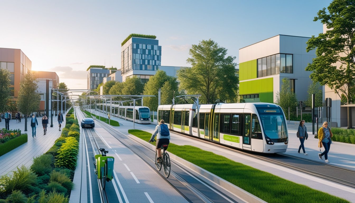 A busy UK city street showing electric buses, cyclists on bike lanes, pedestrians on sidewalks, trams, and green urban surroundings with modern buildings.