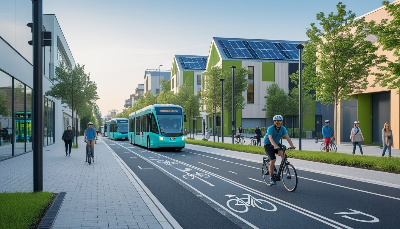 A busy UK city street showing electric buses, cyclists on bike paths, pedestrians, and buildings with solar panels and green walls.
