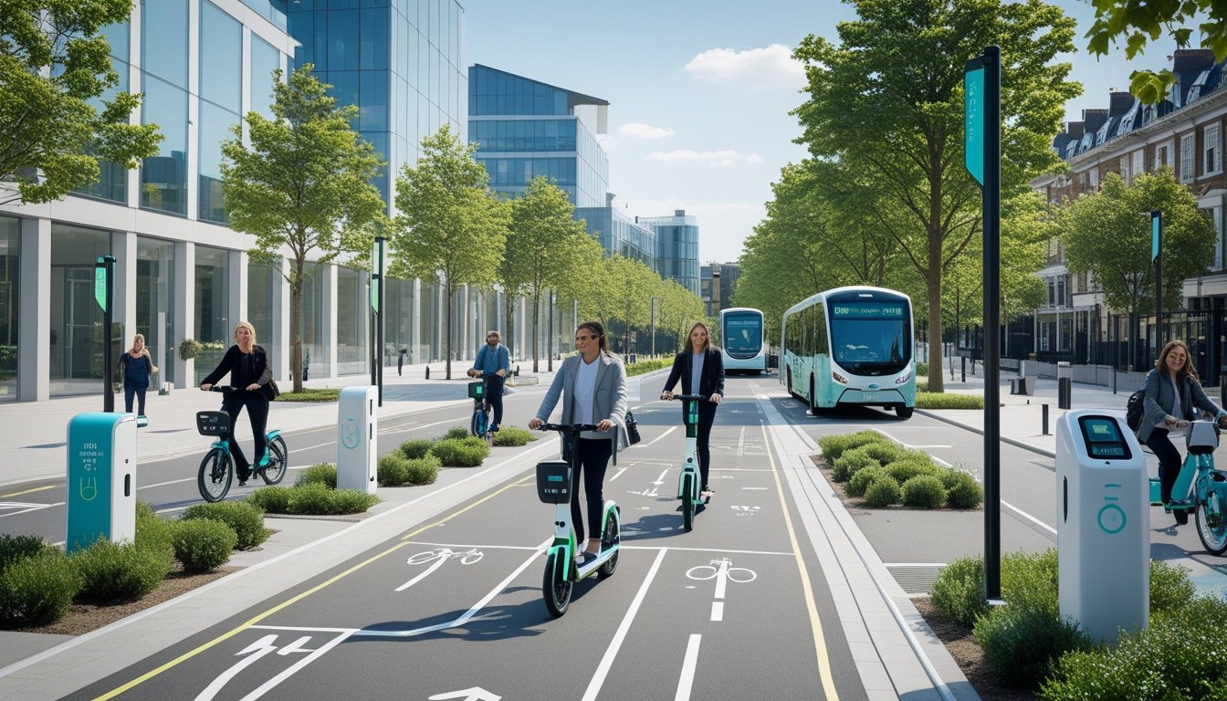 People using electric bikes, e-scooters, and electric buses in a clean UK city with green spaces, bike lanes, and solar panels on buildings.