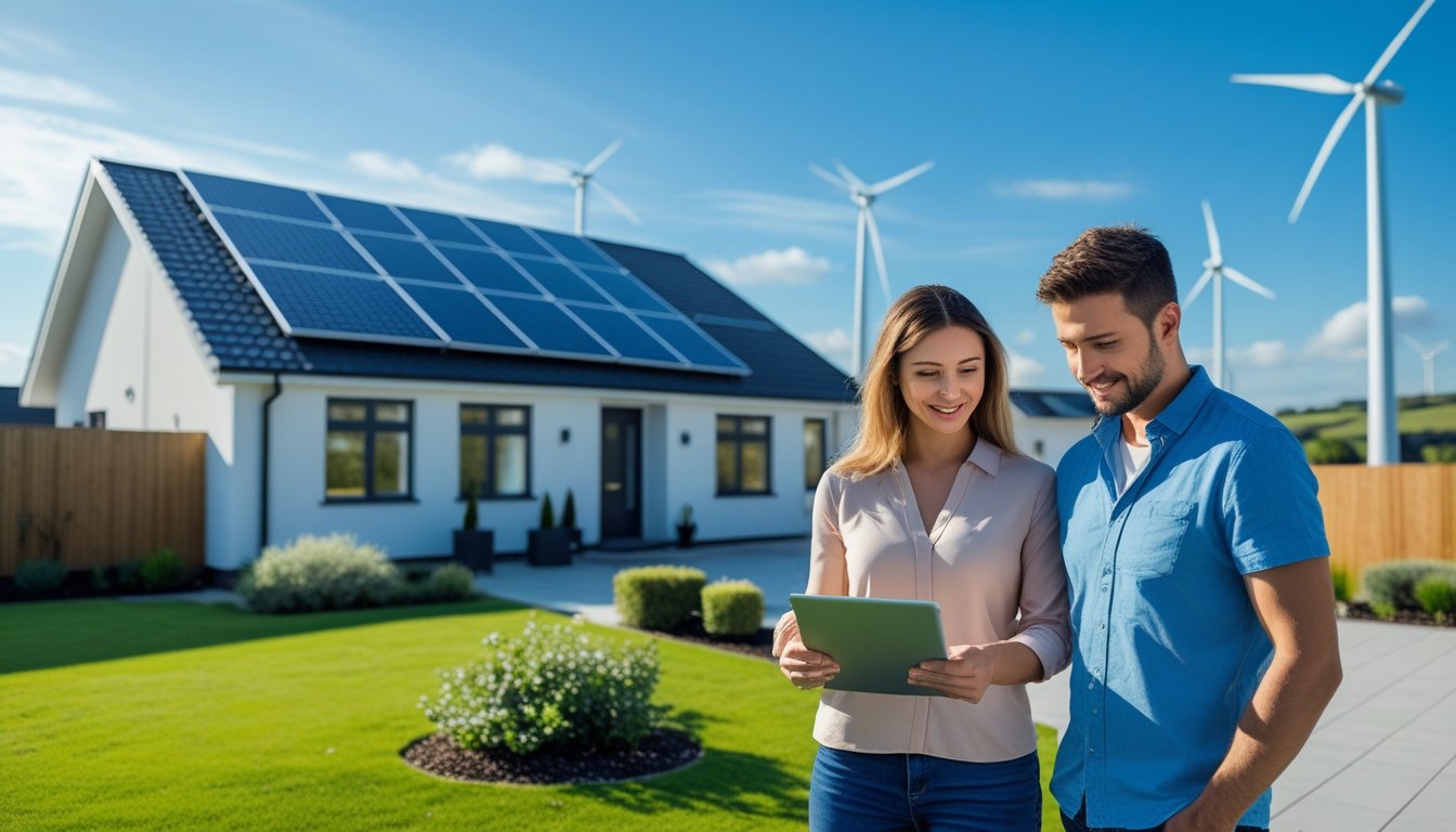 A UK suburban home with solar panels on the roof, a couple reviewing documents in the garden, and wind turbines visible in the distance.