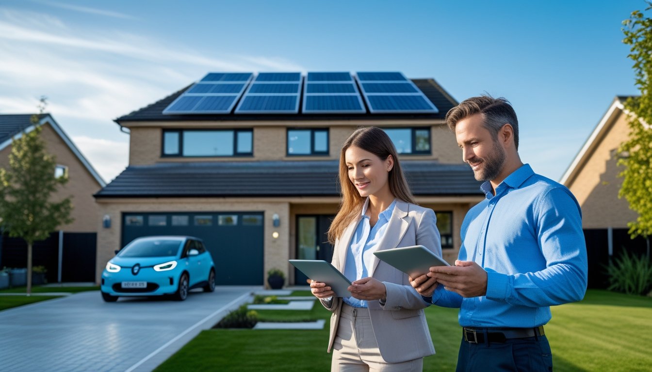 A couple standing outside a UK suburban home with solar panels, reviewing documents and a tablet, with a small electric car in the driveway.