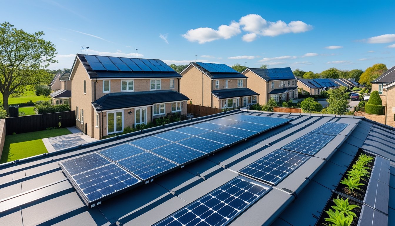 A neighbourhood of modern UK homes with solar panels and green roofs surrounded by trees and gardens on a clear sunny day.