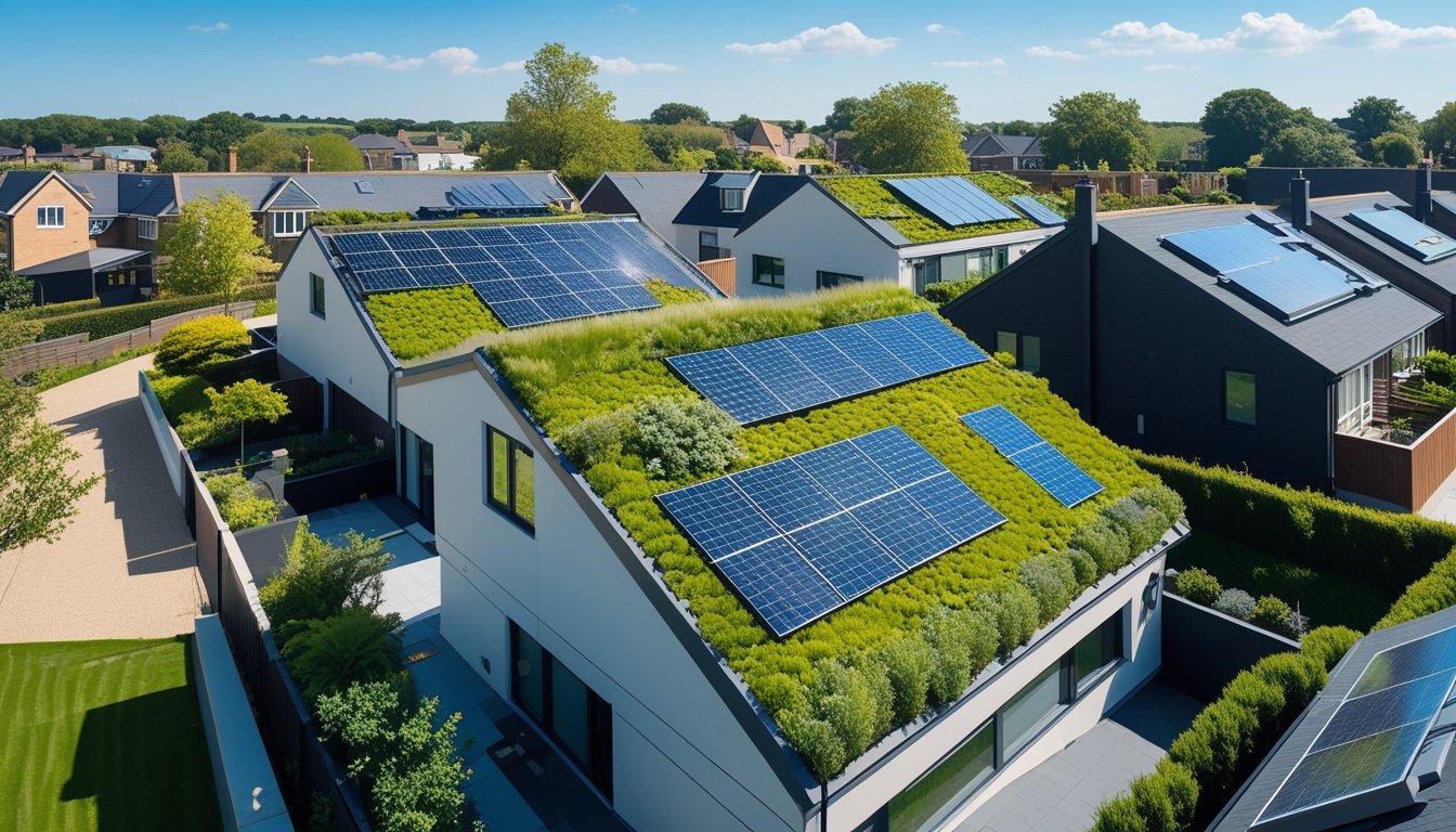 A sunny UK neighbourhood with modern houses featuring green roofs, solar panels, and rainwater harvesting systems surrounded by gardens and trees.