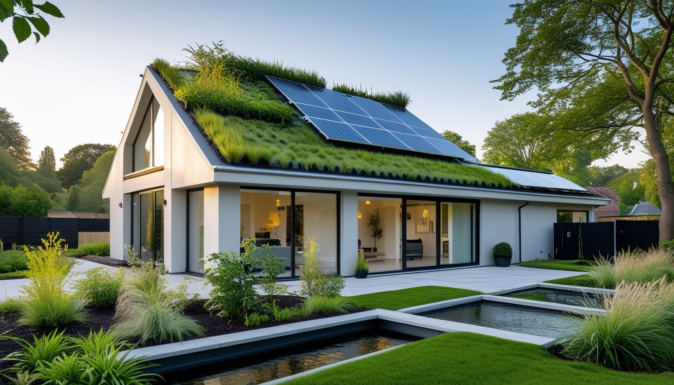 A modern sustainable home in the UK with solar panels, large windows, a green roof, and a garden with native plants.