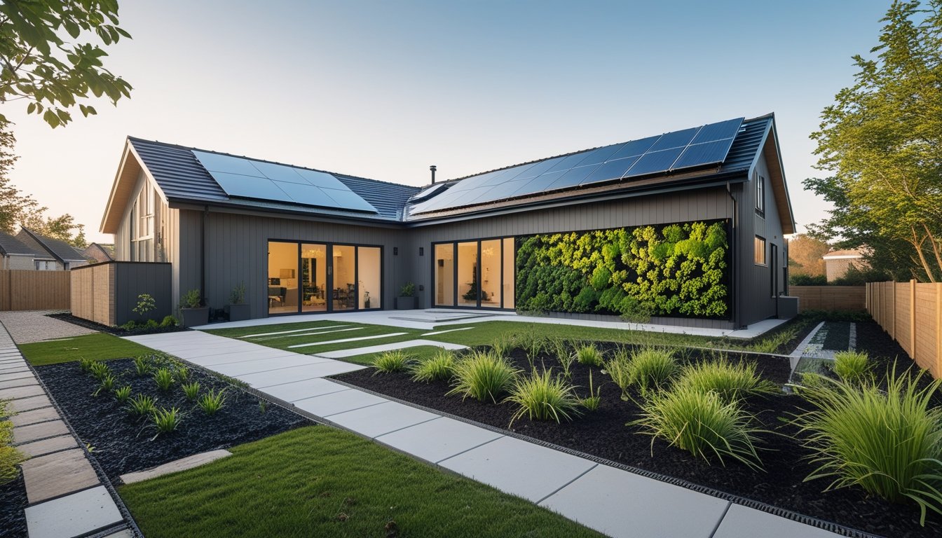 A modern eco-friendly house in the UK with solar panels, green plants on the walls, and a garden surrounding it.