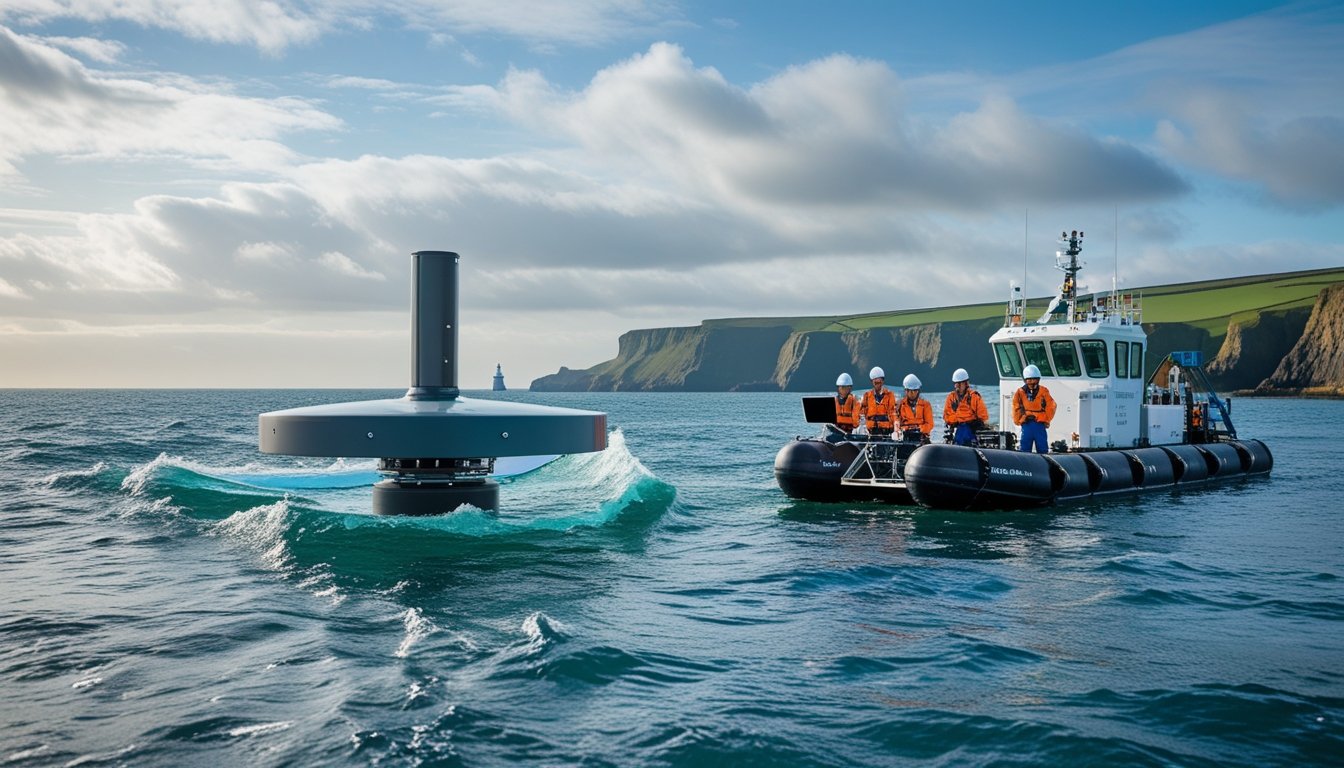 Offshore wave energy device near a UK coastline with engineers on a research vessel monitoring the equipment.