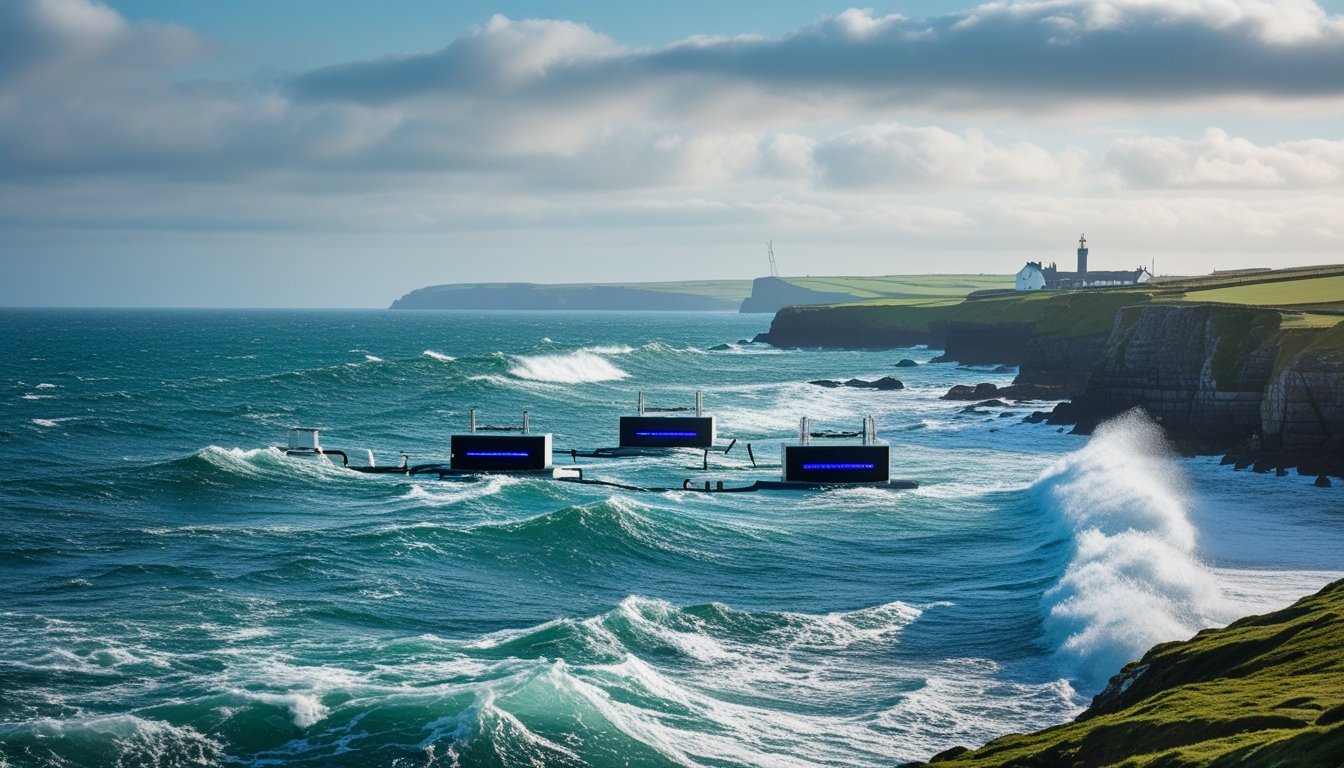 Coastline with waves and wave energy converters in the water near rocky shores and green cliffs.