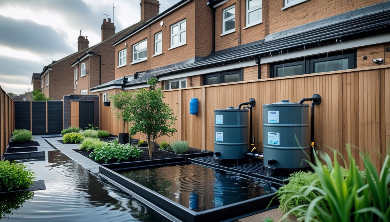Urban UK homes with rainwater harvesting systems including rain barrels and gutters collecting water, surrounded by small gardens.