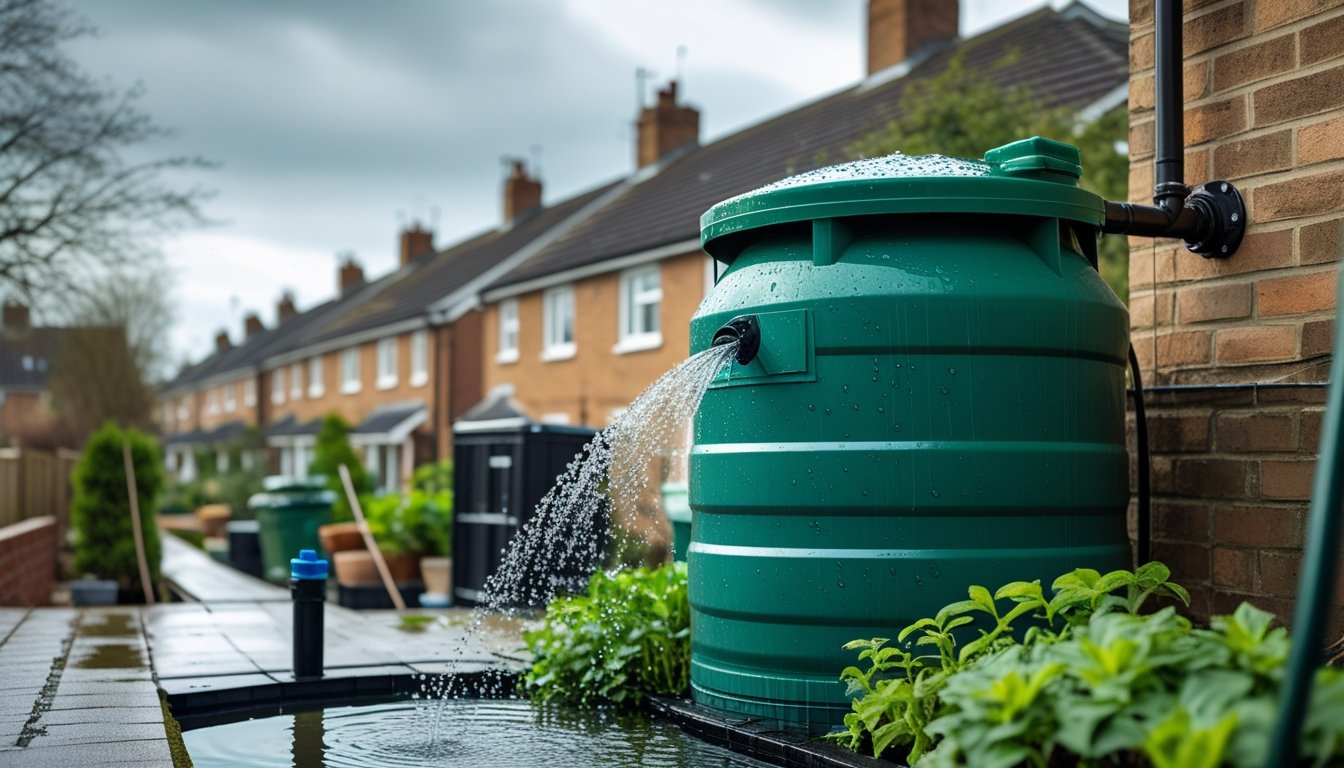 A UK urban neighbourhood with houses using rainwater barrels connected to roof gutters, surrounded by garden plants.
