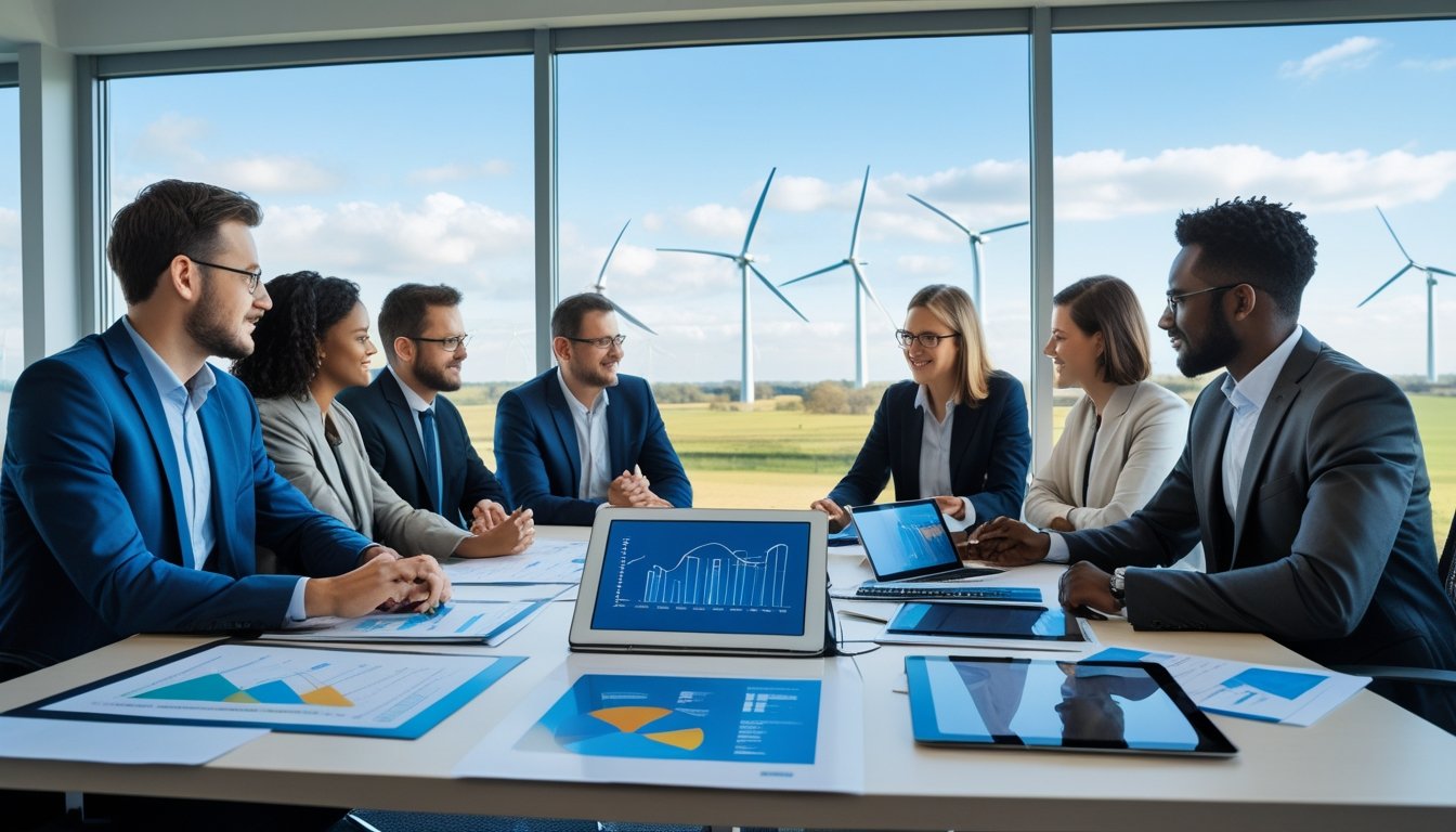 A group of professionals in an office discussing renewable energy with wind turbines and solar panels visible outside a window.