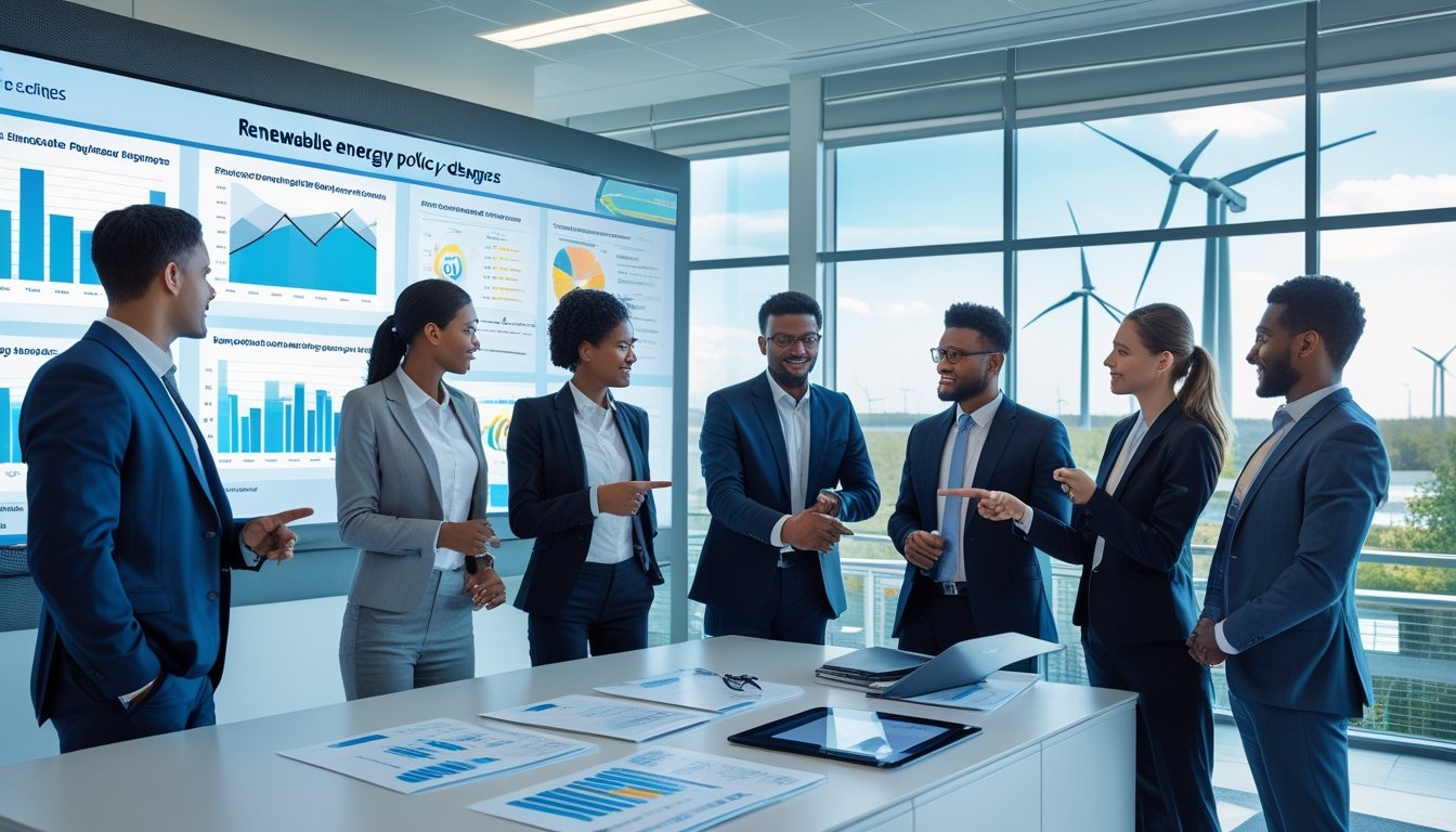 A group of business professionals discussing renewable energy policy with charts and wind turbines visible through a window in a modern office.