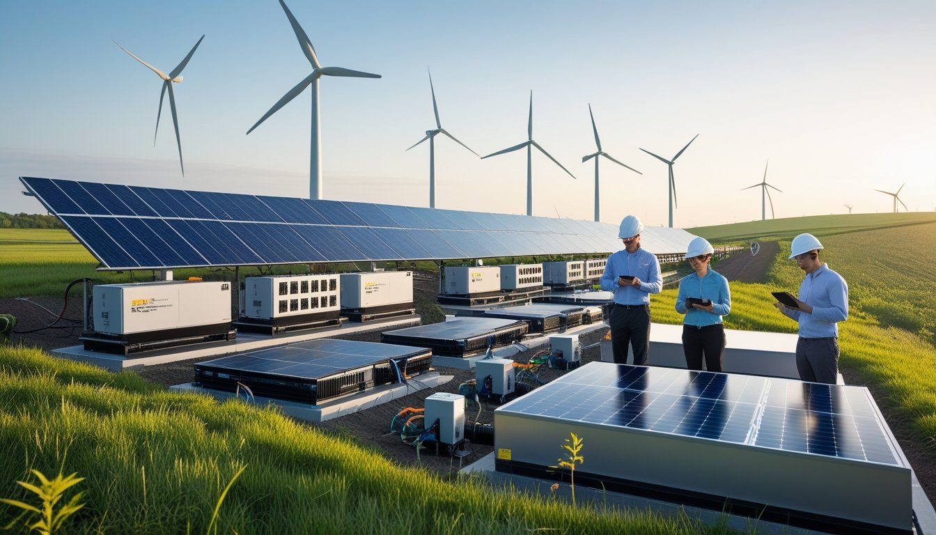 Engineers inspecting advanced renewable energy storage equipment with solar panels and wind turbines in the background in a green outdoor setting.