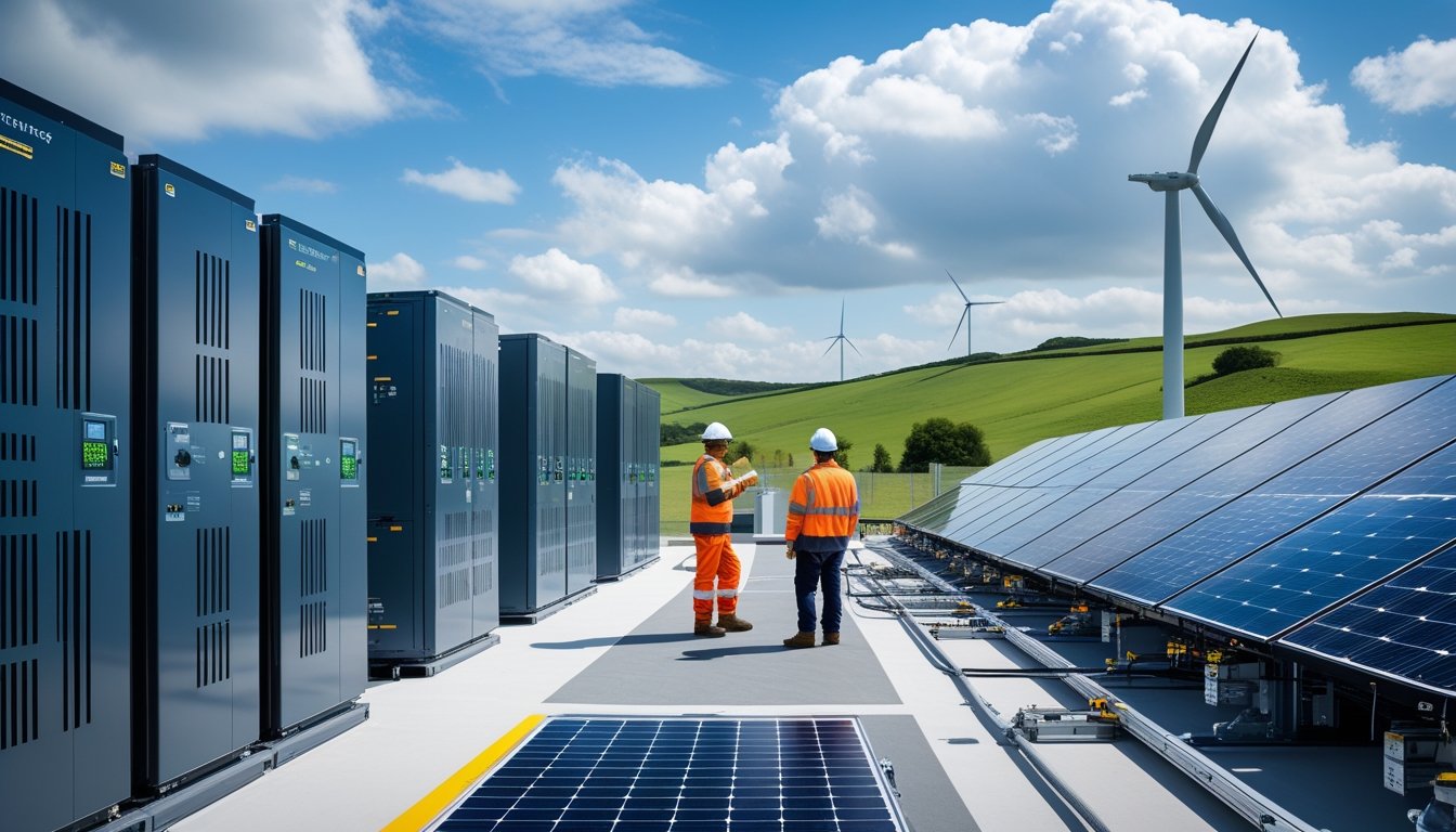 Technicians inspecting large battery storage units at a renewable energy facility with solar panels and wind turbines in the background.