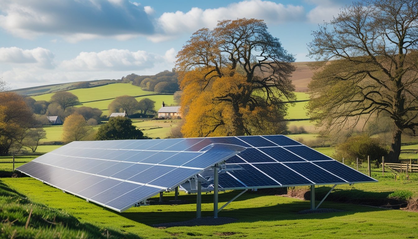 Solar panels installed in a British countryside landscape with green hills and trees showing seasonal changes under a partly cloudy sky.