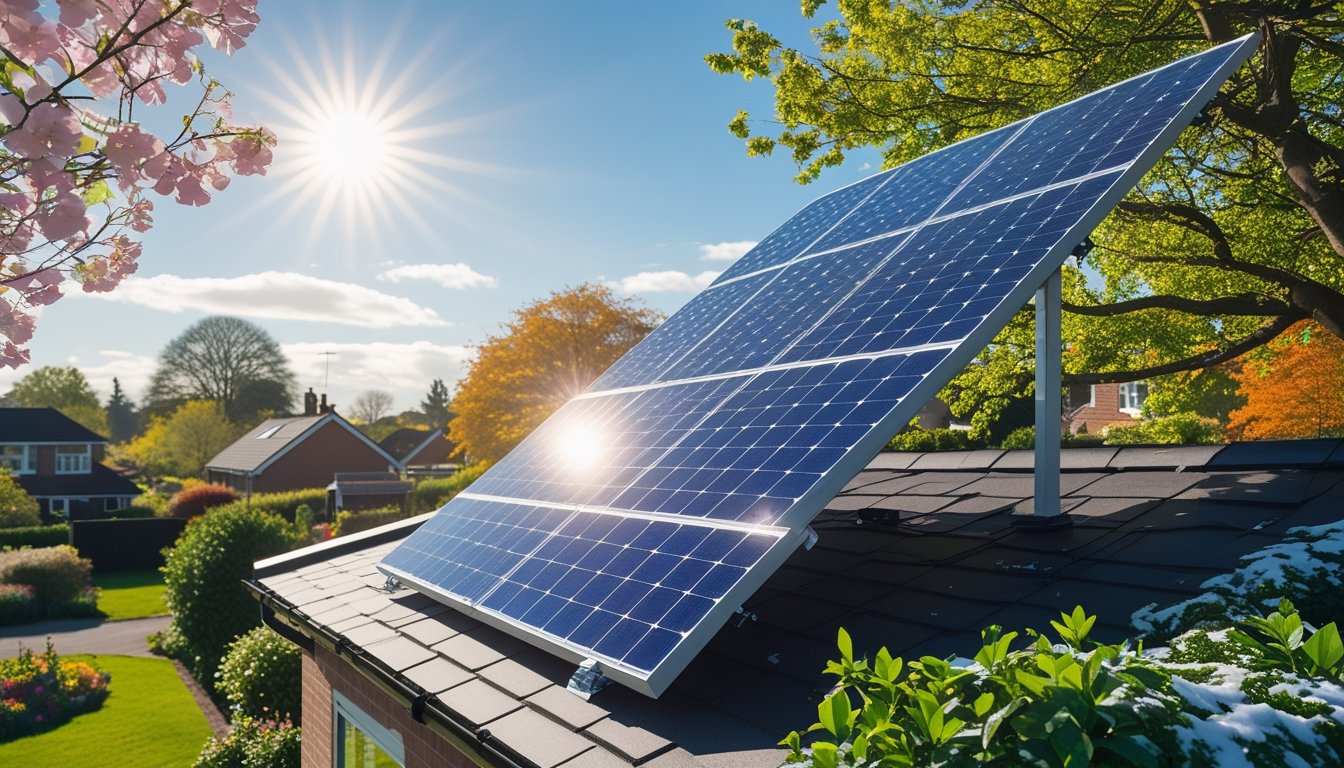 Solar panels on a rooftop surrounded by seasonal British plants showing spring flowers, summer greenery, autumn leaves, and winter snow under a sunny sky.