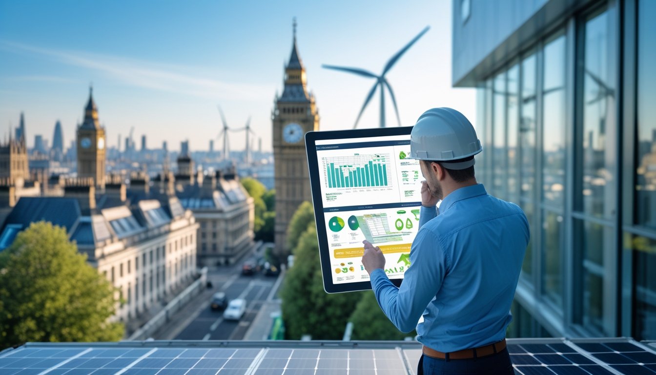 An engineer reviewing building plans with solar panels and wind turbines visible in a UK cityscape background.