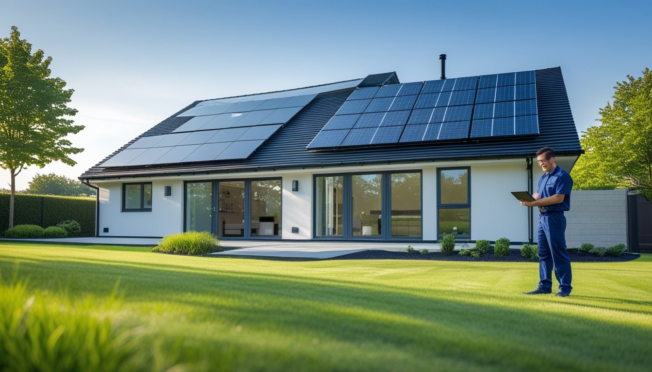 A modern UK house with solar panels, double-glazed windows, and a technician using a tablet outside, surrounded by greenery.