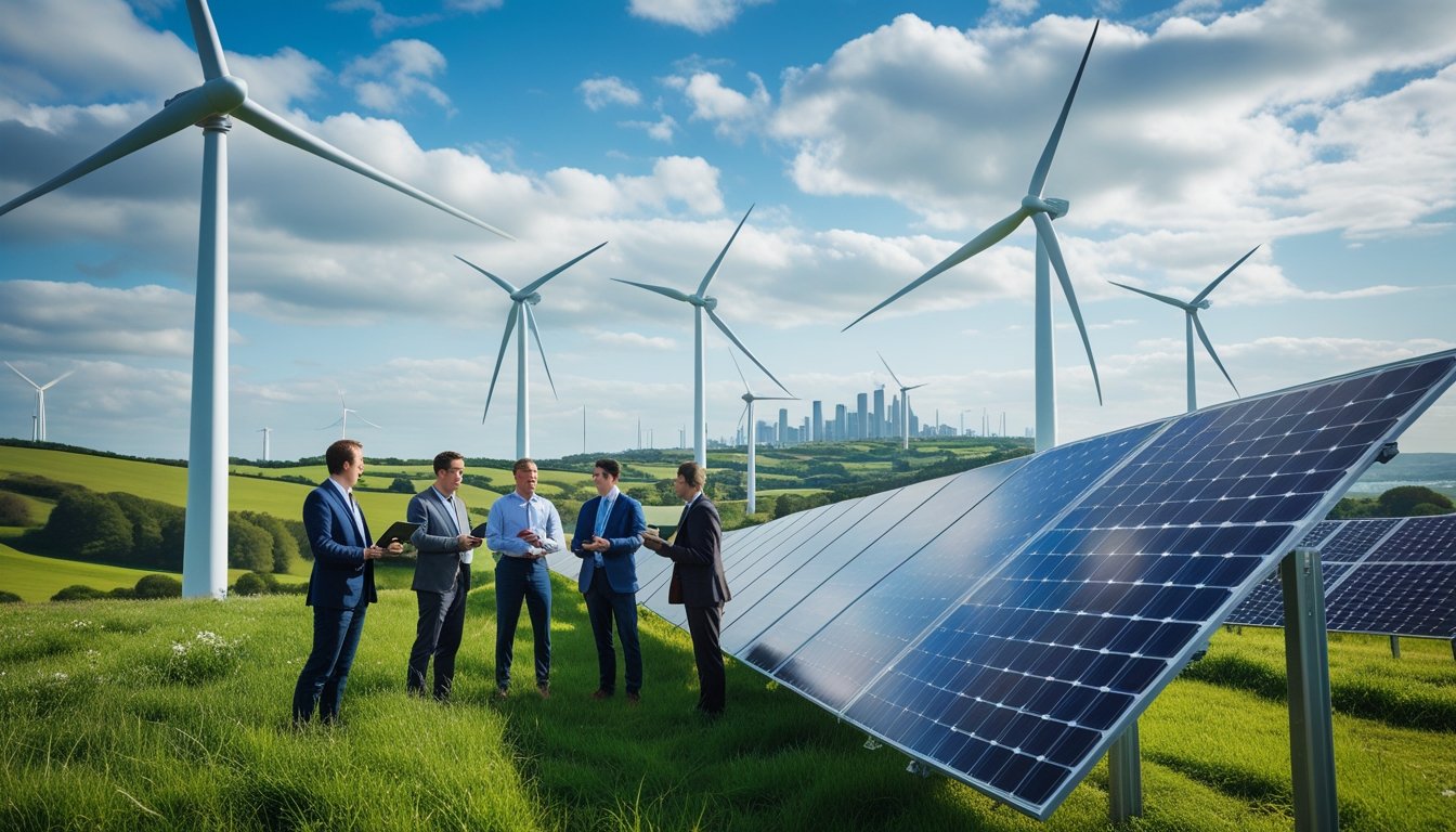 A wind farm with turbines and solar panels with professionals discussing near the installations in a green landscape with a city skyline in the background.