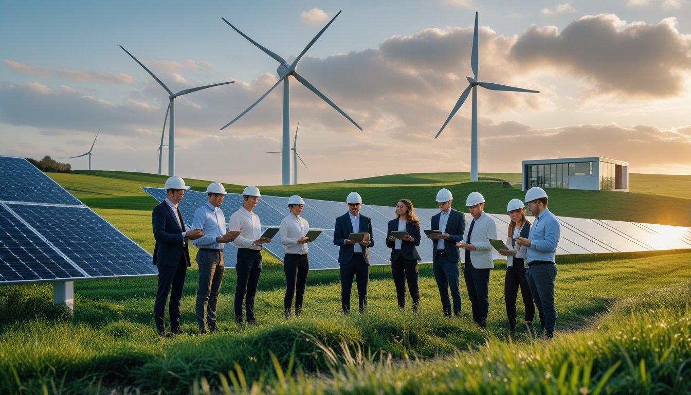 Wind turbines and solar panels in a green landscape with engineers discussing data near a modern building.