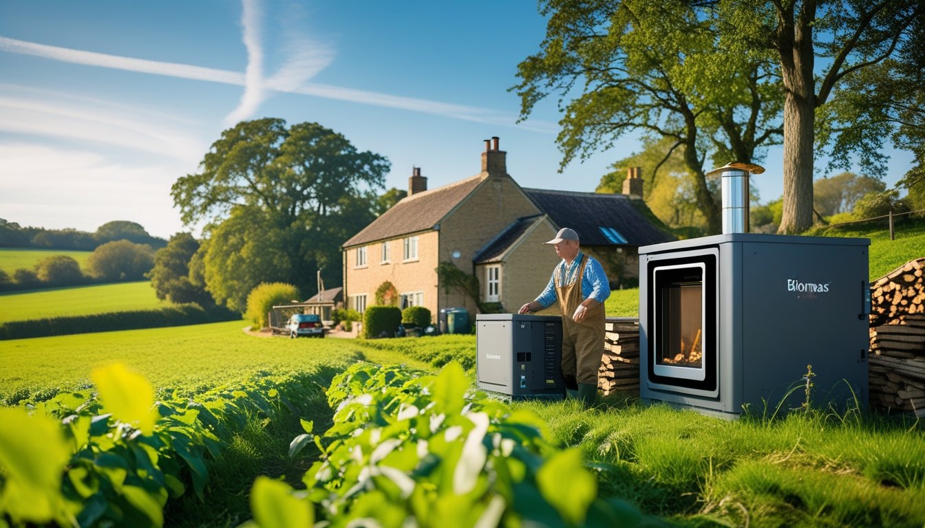 A rural UK home with a biomass heating system surrounded by green fields and hills, with a person inspecting the equipment.