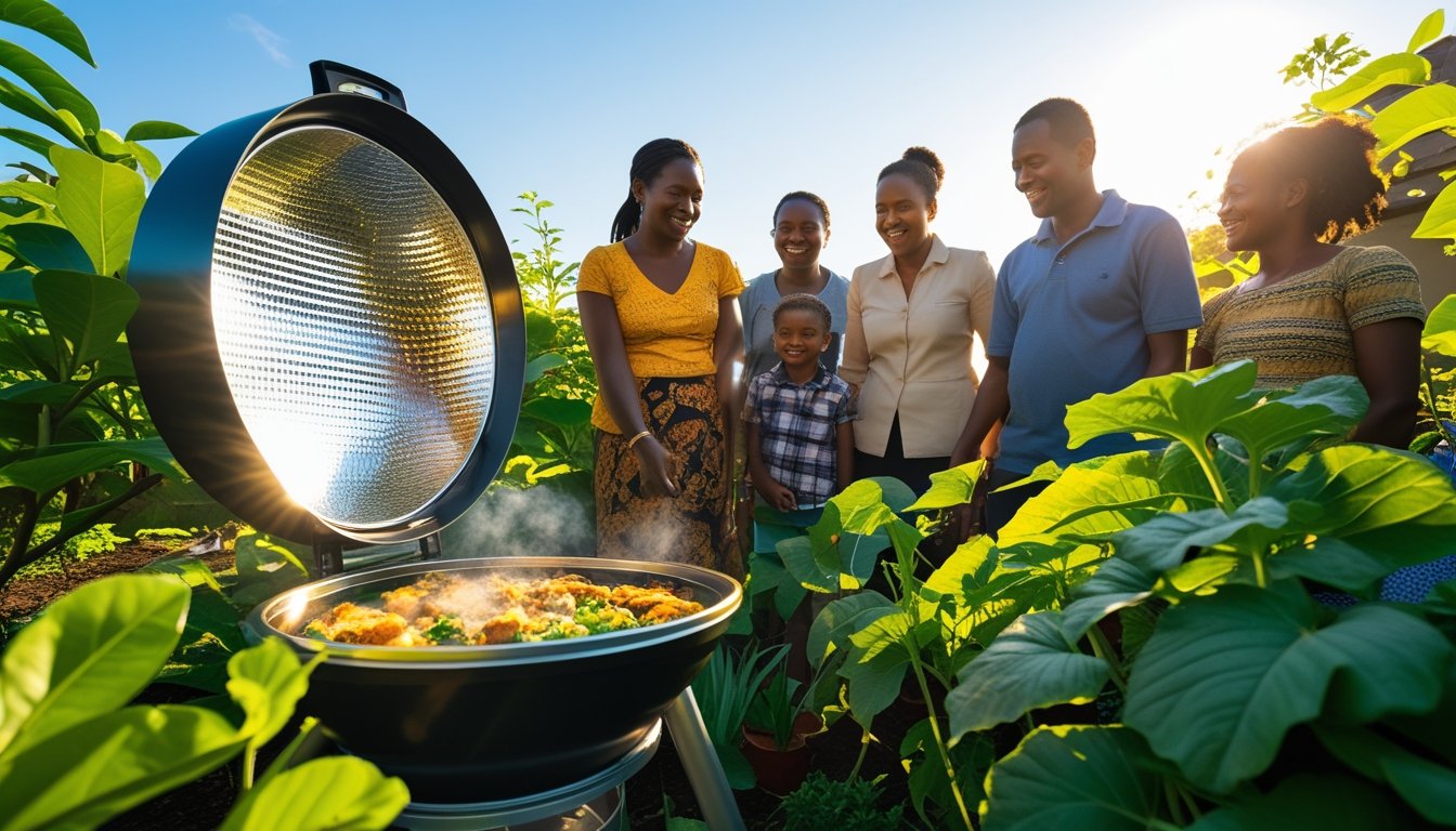 A solar cooker outdoors in a garden with people watching it cook under a clear blue sky.