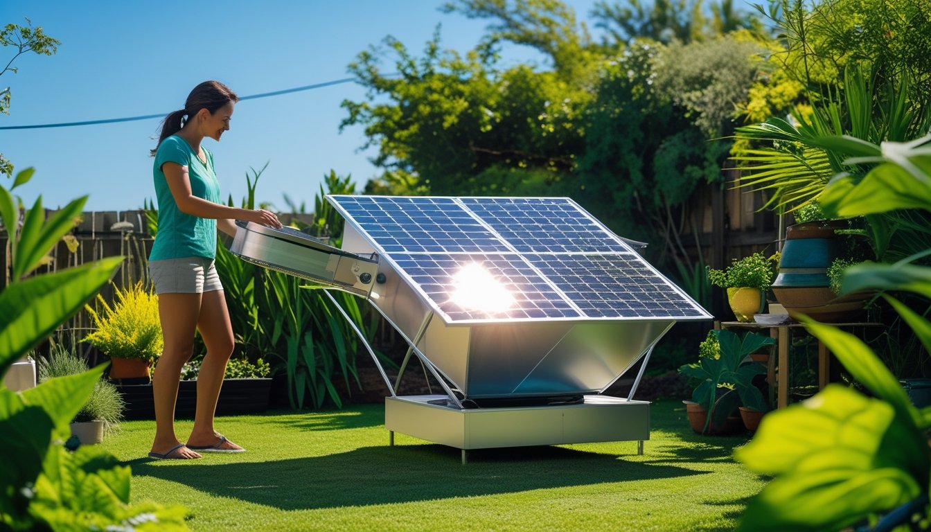 A solar cooker set up outdoors in a sunny garden with a person adjusting it, surrounded by green plants and clear blue sky.