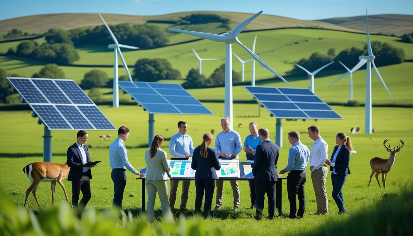 A group of people planning renewable energy projects outdoors with wind turbines, solar panels, and UK wildlife in a green countryside.