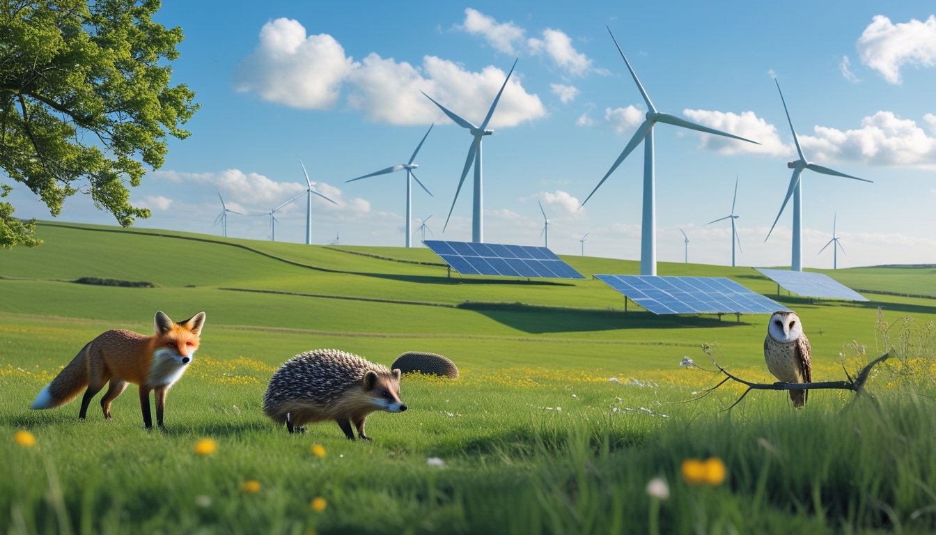 A UK countryside landscape with wind turbines, solar panels, and native wildlife including a fox, hedgehog, and barn owl among green hills and wildflowers.
