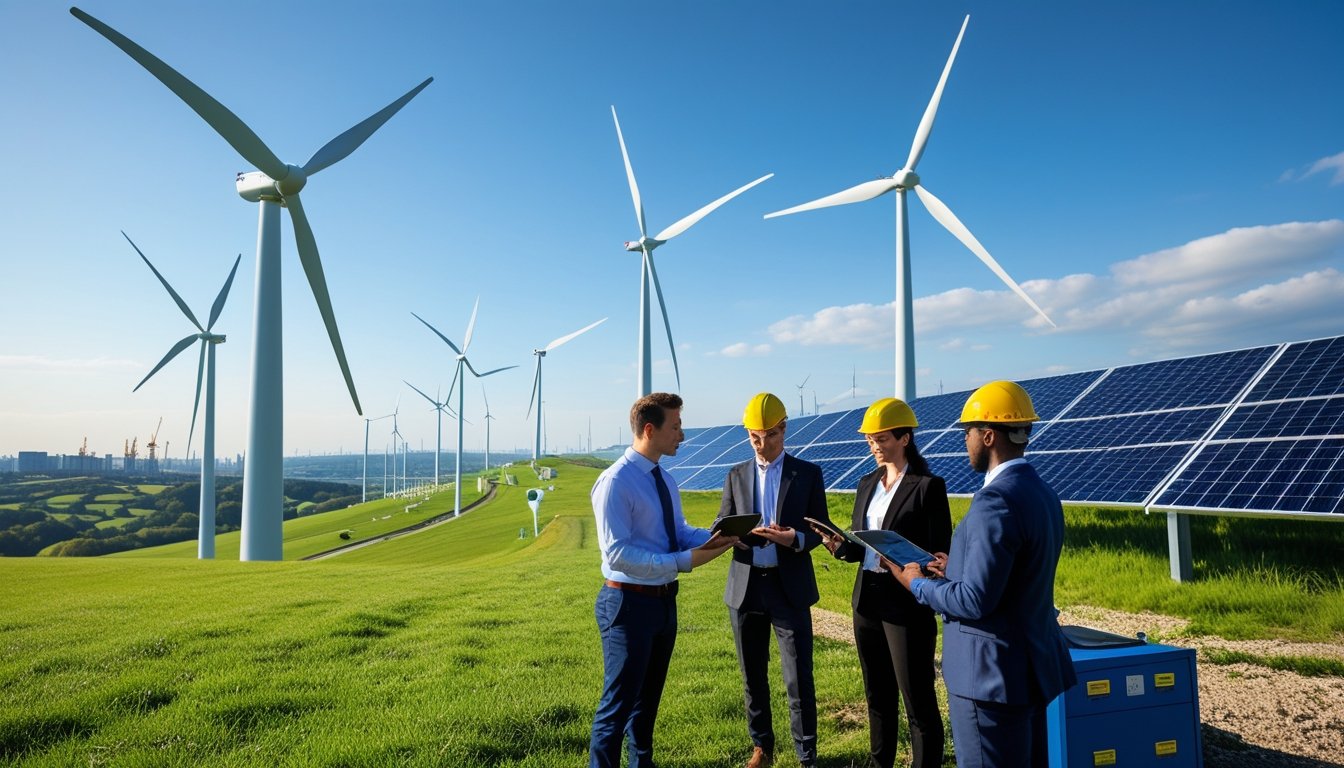 Wind turbines and solar panels on green land with business people discussing and a city skyline in the background.