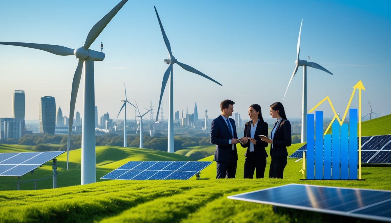 Wind turbines and solar panels on green hills with UK city buildings and business professionals discussing economic growth nearby.