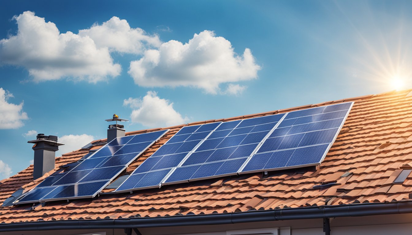 A sunny rooftop with solar panels being installed, surrounded by tools and equipment. A clear blue sky and the outline of a house in the background