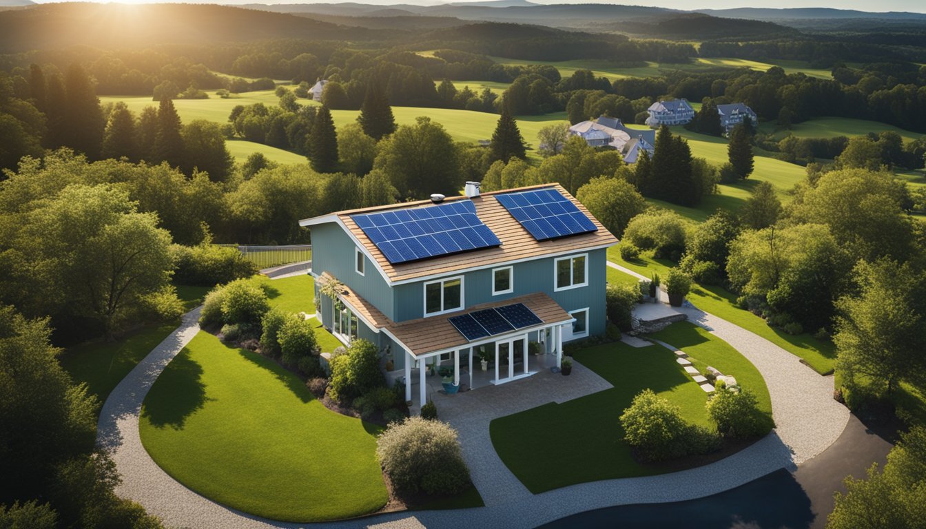 A suburban home with solar panels on the roof, connected to a battery storage system. A sunny sky and green landscape in the background