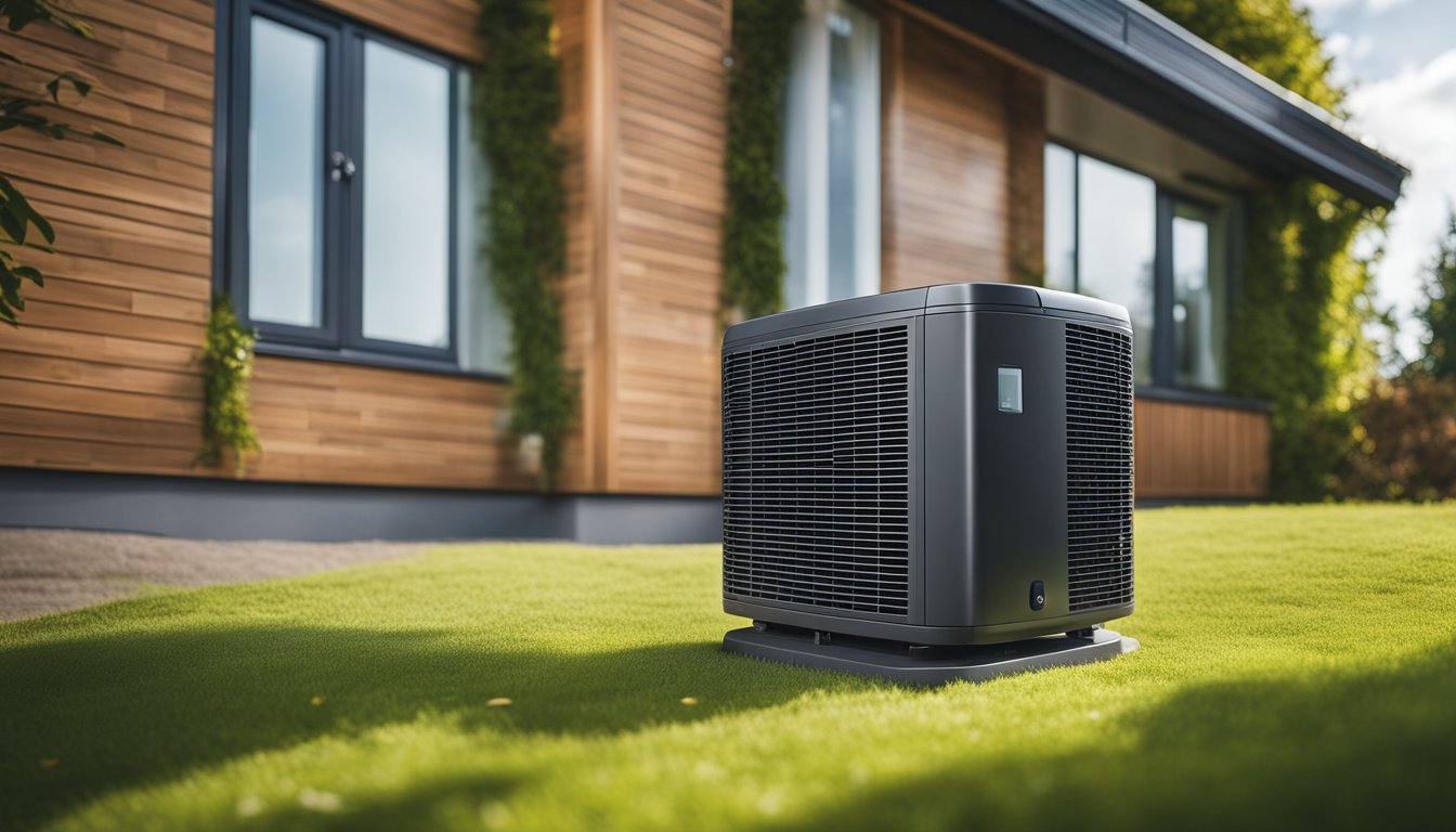 A modern house with an air source heat pump installed, surrounded by greenery and clear skies, showcasing the economic and environmental benefits in the UK