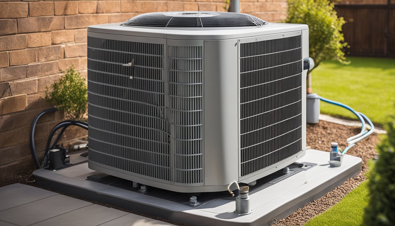 An air source heat pump installed outside a UK home, with arrows showing the flow of air and heat exchange