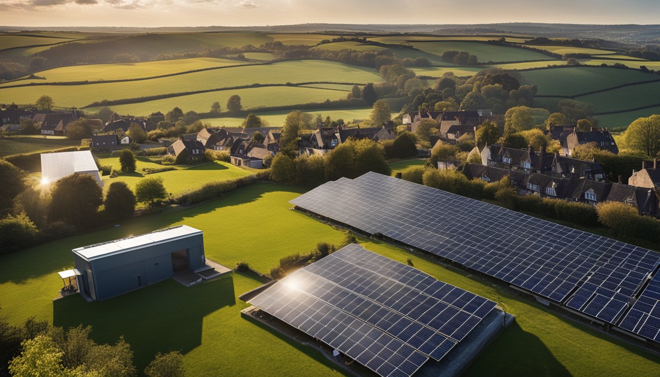 A sunny landscape with solar panels installed on rooftops and open fields, surrounded by a vibrant community in the UK