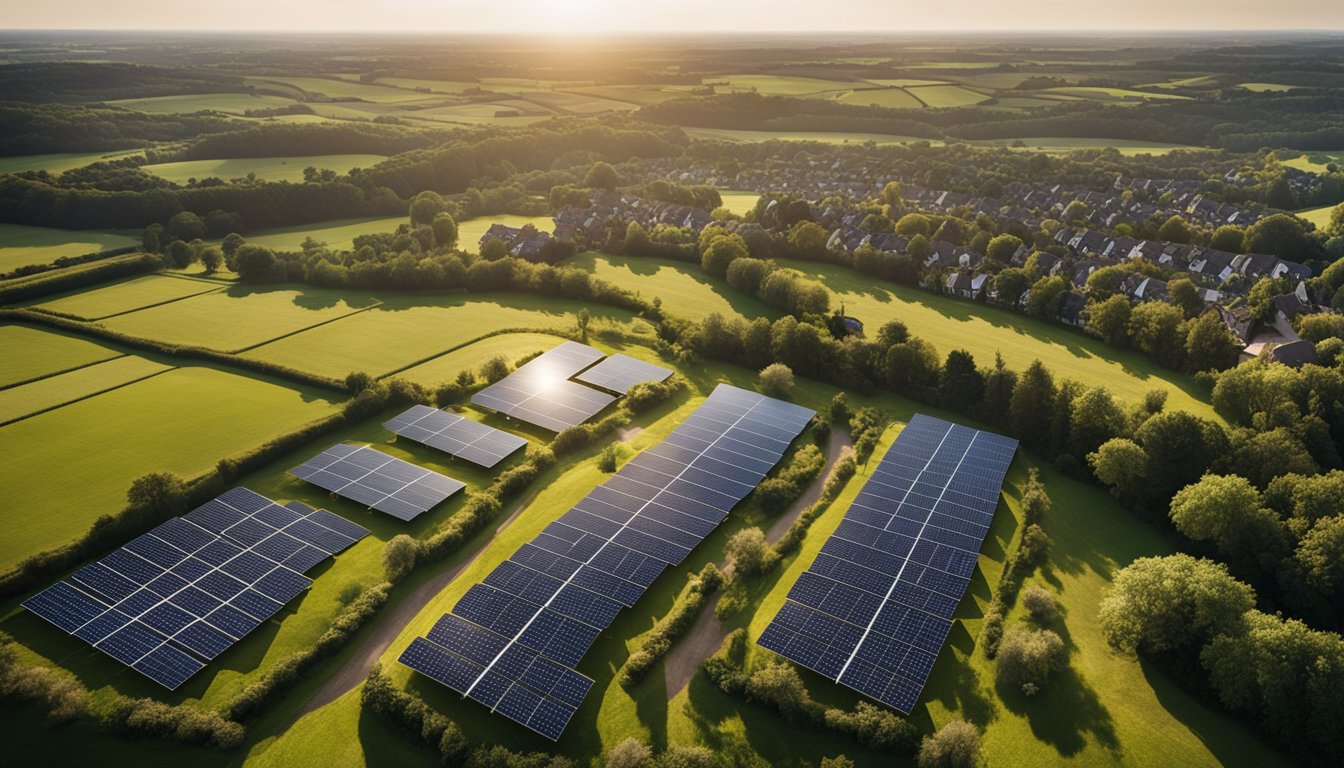 A sunny landscape with solar panels covering a vast area, surrounded by residential buildings and green spaces, showcasing the growth of community solar projects in the UK