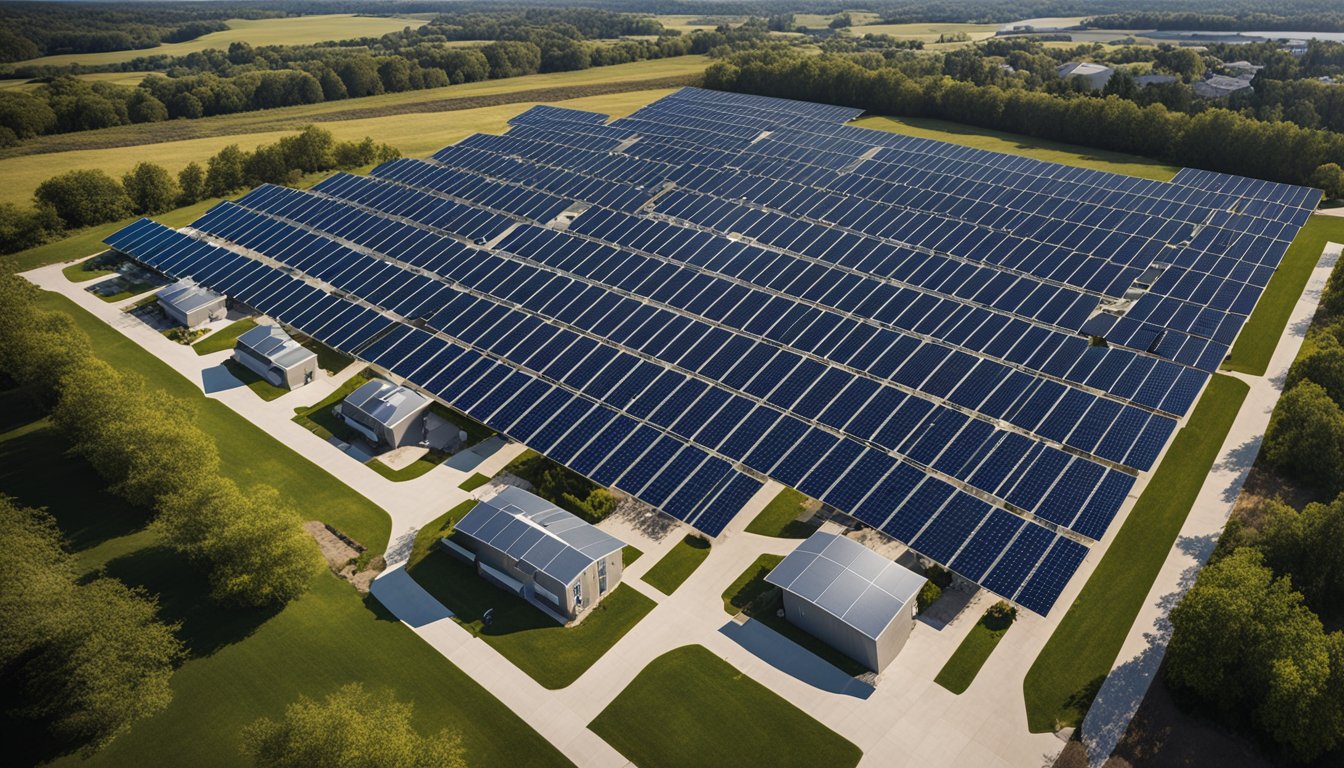 A group of solar panels arranged in a field, with a mix of residential and commercial buildings in the background. The panels are positioned to capture sunlight, and there are signs indicating the community solar project