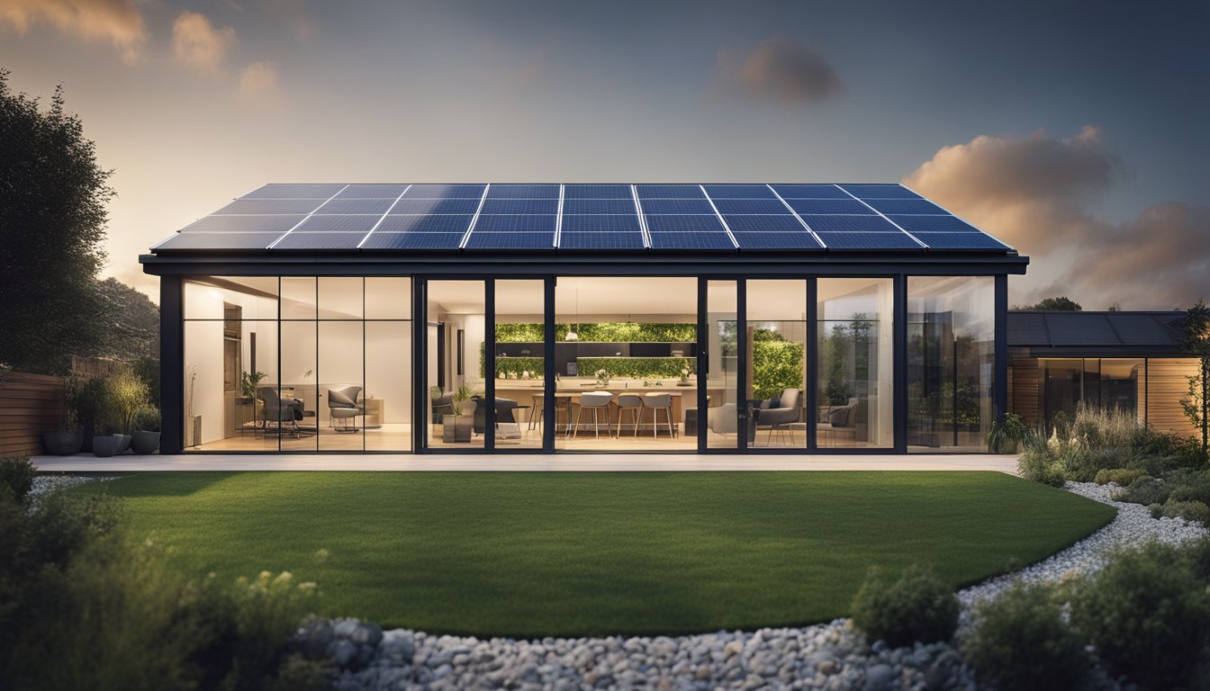 A modern, energy-efficient home in the UK with innovative materials and building techniques. Solar panels on the roof, triple-glazed windows, and a green roof garden