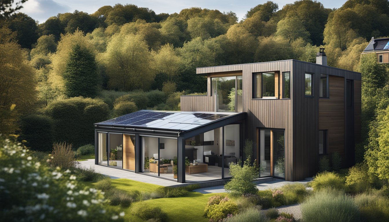 A modern, energy-efficient home in the UK with solar panels, triple-glazed windows, and a green roof. The house is surrounded by native plants and a rainwater harvesting system