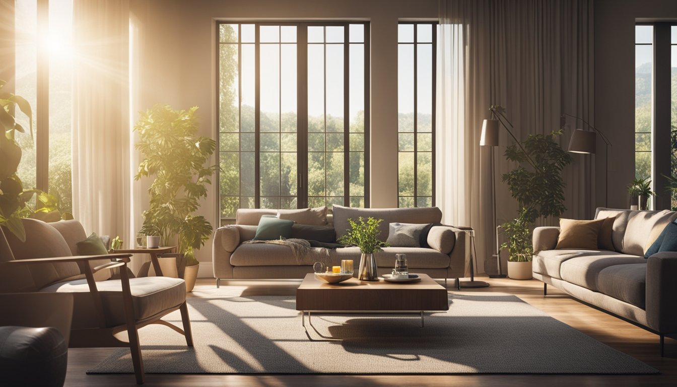 A cozy living room with sunlight streaming through double glazed windows, showing reduced energy usage and a comfortable atmosphere