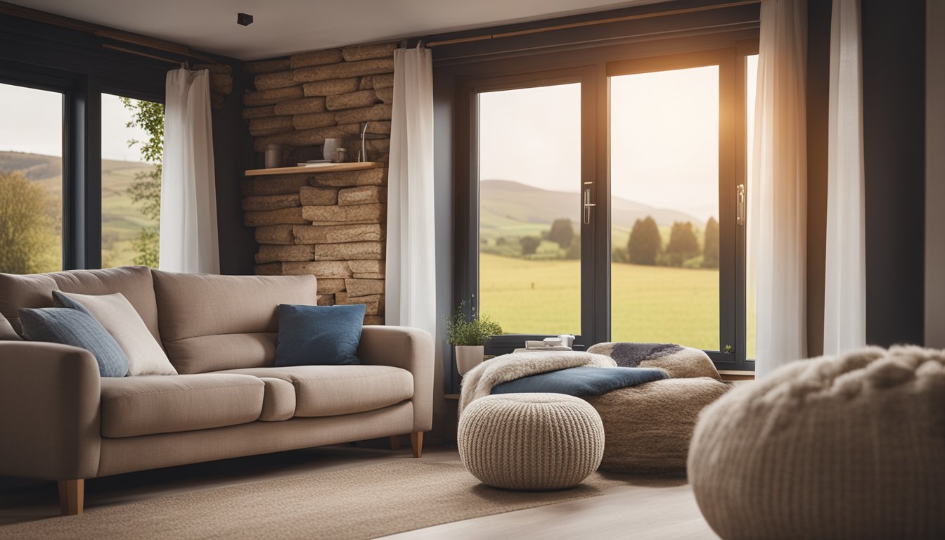 A cozy living room with insulation materials stacked neatly in a corner. A window shows the UK countryside, with a warm, well-insulated home in the background