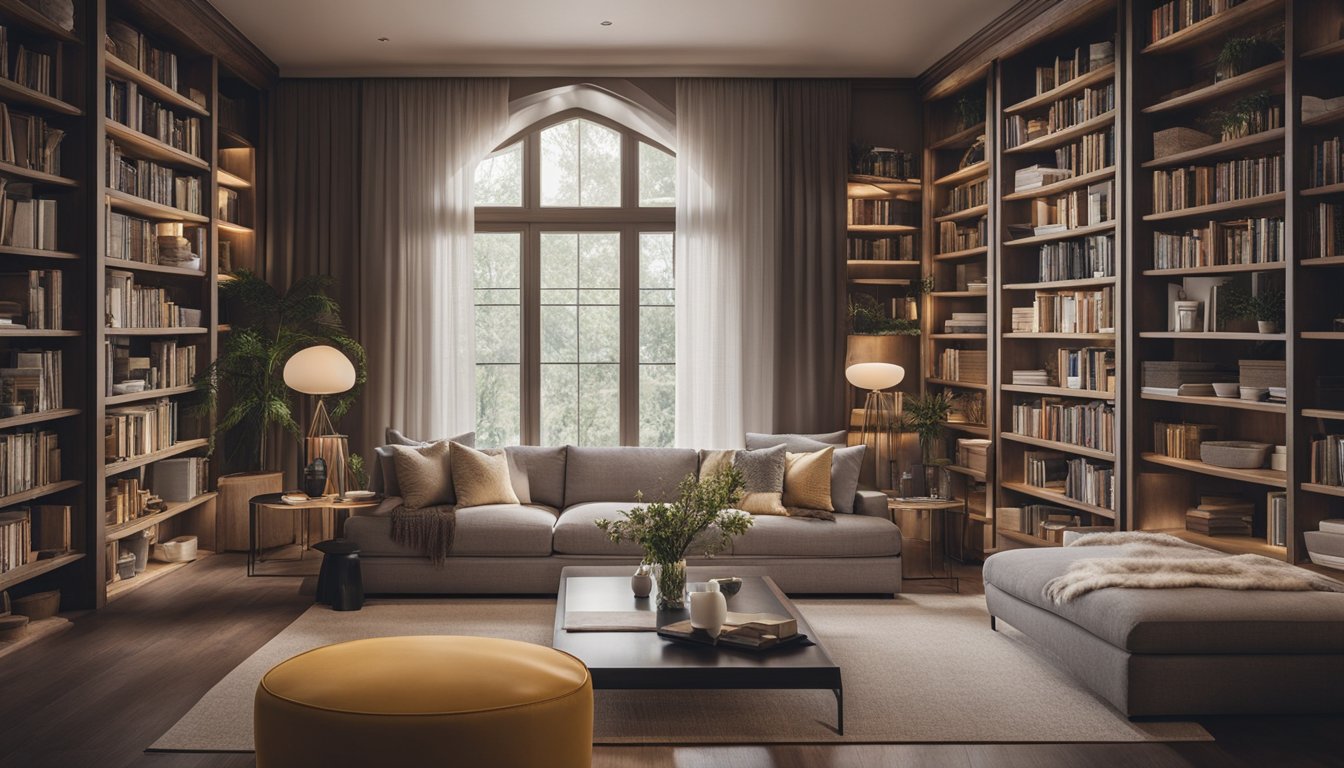 A cozy living room with a fireplace, bookshelves, and large windows. Insulation materials like fiberglass, foam, and cellulose are stacked neatly in a corner