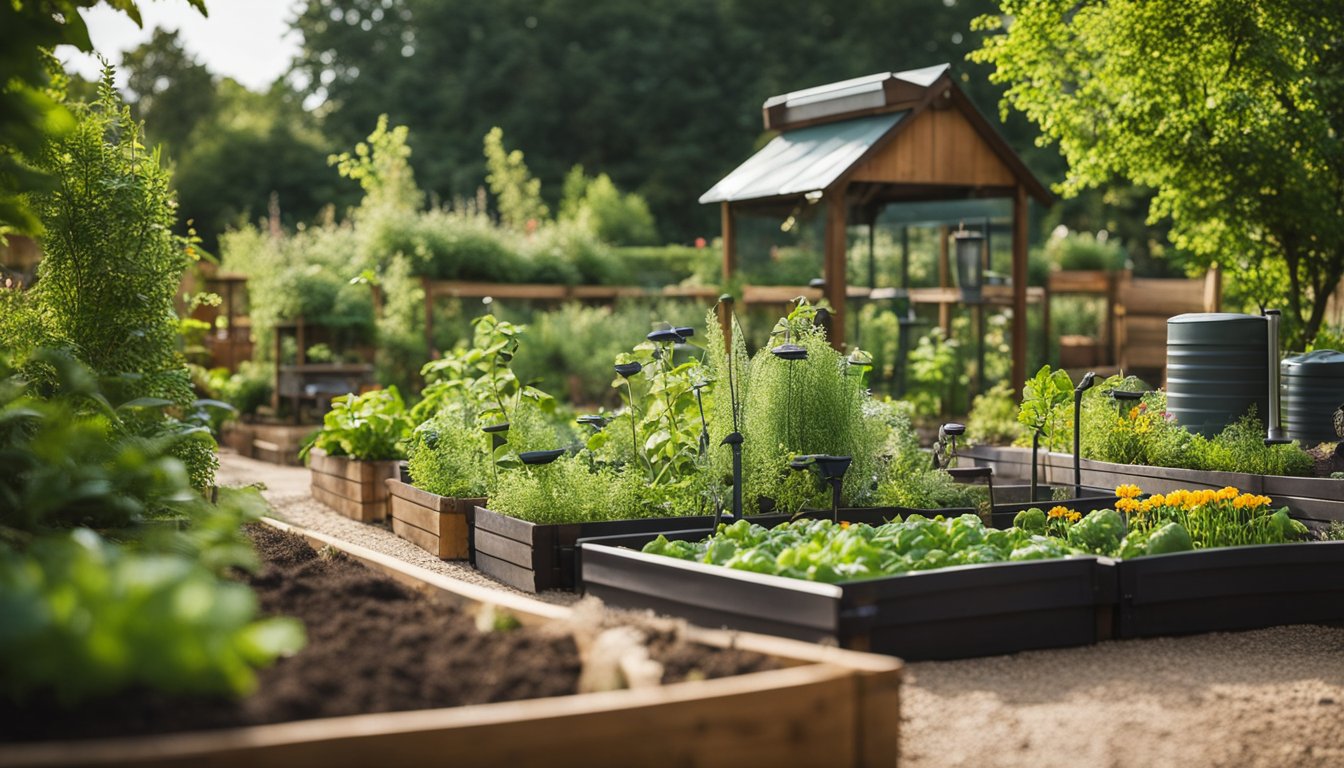 A lush garden with native plants, compost bins, and rain barrels. A small vegetable patch and a wildlife-friendly area with bird feeders and insect hotels