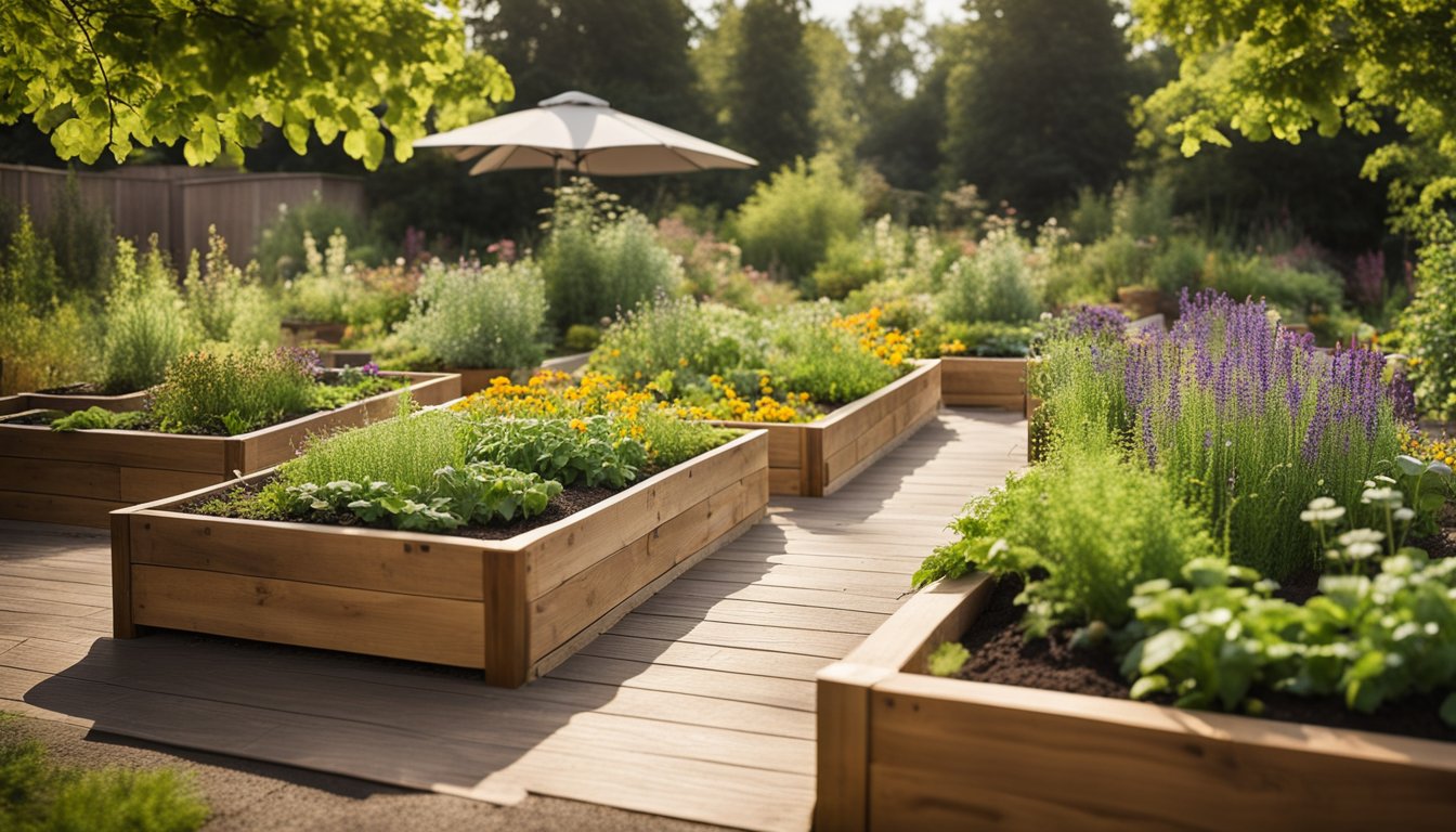 A lush garden with raised beds, compost bins, and rainwater harvesting systems. Native plants and pollinator-friendly flowers fill the space, surrounded by eco-friendly materials like recycled wood and natural stone pathways